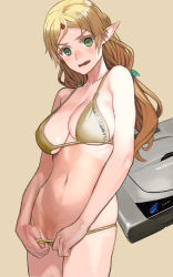 Rule 34 | 1girl, bikini, blonde hair, breasts, commentary request, elf, embarrassed, game console, green eyes, highres, isekai ojisan, large breasts, long hair, mibu natsuki, navel, open mouth, pointy ears, sega, sega saturn, solo, sui (isekai ojisan), swimsuit
