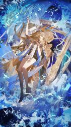 2girls arm_up bare_legs bare_shoulders black_collar black_dress blonde_hair blue_eyes breasts cartethyia_(wuthering_waves) collar commentary dress dual_persona fleurdelys_(wuthering_waves) full_body highres horns jewelry krab_(fumekrab) large_breasts legs long_hair long_horns multiple_girls necklace parted_lips pointy_ears sandals sidelocks single_horn symbol-only_commentary tabard thighs very_long_hair white_sandals white_tabard wuthering_waves yellow_horns