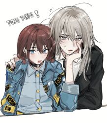 2girls bite_mark bite_mark_on_arm bite_mark_on_neck black_jacket black_nails blue_eyes blue_jacket blue_shirt collared_shirt commentary fang flying_sweatdrops girls_band_cry grey_eyes grey_hair hand_on_another&#039;s_face hand_on_another&#039;s_shoulder highres iseri_nina jacket kawaragi_momoka long_hair looking_at_viewer multicolored_hair multiple_girls open_clothes open_jacket open_mouth parted_lips red_hair roots_(hair) shirt short_twintails simple_background siy_(shengxiu760722) sweatdrop twintails upper_body white_background white_shirt yuri