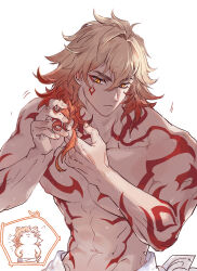 Rule 34 | 1boy, abs, arm tattoo, blonde hair, braid, braiding hair, chest tattoo, commentary, facial tattoo, gradient hair, hair between eyes, hairdressing, highres, honkai: star rail, honkai (series), large pectorals, male focus, medium hair, multicolored hair, muscular, muscular male, mydei (honkai: star rail), pectorals, qel, red hair, red tattoo, side braid, simple background, solo, tattoo, topless male, towel, towel around waist, upper body, wet, wet hair, white background, yellow eyes