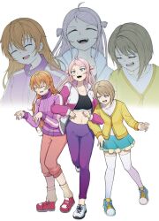 Rule 34 | 3girls, :d, ^ ^, ahoge, aqua skirt, blue eyes, blue footwear, bob cut, breasts, brown hair, cardigan, closed eyes, collarbone, commentary, full body, highres, inverted bob, jacket, konoe kanata, large breasts, locked arms, long hair, long sleeves, love live!, love live! nijigasaki high school idol club, mayo e, miniskirt, mole, mole under eye, multiple girls, nakasu kasumi, navel, official alternate costume, open clothes, open jacket, open mouth, pants, partially unbuttoned, pink hair, pink jacket, pink pants, purple jacket, purple pants, red shoes, shirt, shoes, short hair, sidelocks, simple background, skirt, small breasts, smile, sneakers, stomach, swept bangs, teeth, thighhighs, track jacket, two side up, upper teeth only, velcro footwear, white background, white footwear, white shirt, white thighhighs, yellow cardigan, yellow skirt, yoga pants, zettai ryouiki, zhong lanzhu, zoom layer