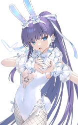 1girl animal_ears bare_shoulders blue_eyes breasts collar detached_collar earrings fake_animal_ears fake_tail fate/grand_order fate_(series) fishnet_pantyhose fishnets frilled_collar frills hair_ribbon highleg highleg_leotard highres jewelry leotard long_hair looking_at_viewer meltryllis_(fate) open_mouth pantyhose playboy_bunny ponytail purple_hair rabbit_ears rabbit_tail ribbon siiqa_vivi small_breasts solo tail very_long_hair white_leotard white_pantyhose white_ribbon wrist_cuffs