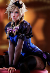 1boy 3d absurdres black_bow blonde_hair blue_dress blue_eyes blush bow braid cloud_strife crossdressing dress final_fantasy final_fantasy_vii final_fantasy_vii_remake fishnet_armwear fishnet_legwear fishnets highres long_hair male_focus official_alternate_costume pink_bow sitting solarasona solo spiked_hair square_enix twin_braids wall_market