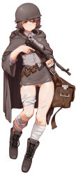 1girl absurdres bad_id bad_pixiv_id bandaged_leg bandages blush boots brown_eyes brown_hair eyebrows_visible_through_hat female_focus full_body greentree gun helmet highres last_origin looking_at_viewer miniskirt mp40 short_hair silky_(last_origin) simple_background skirt solo submachine_gun trigger_discipline weapon white_background