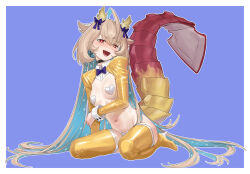 1girl agemmata ahoge aqua_hair black_bow black_choker blonde_hair boots bow bowtie choker dragon_horns dragon_tail heart_maebari heart_pasties high_heel_boots high_heels highres horn_bow horn_ornament horns huge_ahoge long_hair maebari meme_attire navel open_mouth pasties phase_connect purple_background purple_bow purple_bowtie red_eyes reverse_bunnysuit reverse_outfit solo star-shaped_pupils star_(symbol) star_print symbol-shaped_pupils tail thigh_boots utatane_nasa virtual_youtuber yellow_boots yellow_pupils yellow_shrug