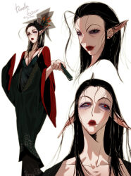 1girl ahoge baldur&#039;s_gate baldur&#039;s_gate_3 black_dress black_hair breasts donella_szarr dress dungeons_&amp;_dragons dungeons_&amp;_dragons earrings folding_fan gev hand_fan highres jewelry long_hair multiple_views pointy_ears red_eyes red_lips sagging_breasts white_background wide_sleeves