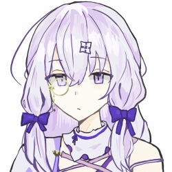 1girl arcaea asalimen bare_shoulders bow braid collar dress expressionless hair_between_eyes hair_ornament jacket lagrange_(arcaea) long_hair monocle portrait purple_bow purple_eyes purple_hair sidelocks single_braid solo twintails white_jacket yellow_dress