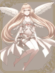 00s 1girl angel_wings babydoll barefoot blonde_hair frilled_thigh_strap chii chobits feathered_wings female_focus frills full_body grey_background grey_theme hair_tubes highres long_hair ono_tako robot_ears solo thigh_strap tiara underwear wings