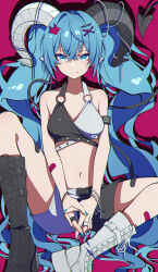 Rule 34 | 1girl, absurdres, arm strap, asymmetrical footwear, asymmetrical horns, bandaid, bandaid on arm, between legs, black boots, black bra, black horns, black shorts, blue eyes, blue hair, blue nails, boots, bra, bracelet, breasts, closed mouth, collarbone, crossed bangs, demon tail, fang, fang out, fox hair ornament, hair ornament, halterneck, hand between legs, hatsune miku, highres, horns, jewelry, long hair, looking at viewer, mismatched footwear, mismatched horns, nail polish, navel, pointy ears, red background, shadow, short shorts, shorts, sitting, small breasts, solo, tail, tiandingfengren, twintails, two-tone background, two-tone shorts, underwear, very long hair, vocaloid, white boots, white bra, white horns, white shorts, x hair ornament