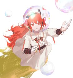1girl a.i._voice adachi_rei alternate_costume alternate_hair_length alternate_hairstyle arm_up bracer bubble_wand collared_dress colored_shadow dress floating_hair flower foreshortening from_above full_body gloves hair_flower hair_ornament headlamp headphones highres holding long_hair long_sleeves looking_at_viewer looking_up neck_ribbon one_side_up orange_eyes orange_hair parted_lips partially_fingerless_gloves pink_flower pink_ribbon radio_antenna reaching reaching_towards_viewer ribbon rutsubo_(lu2vooo) shadow simple_background soap_bubbles solo standing utau white_background white_dress white_flower