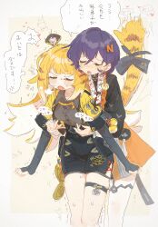 2girls animal_ear_fluff animal_ears belle_(zenless_zone_zero) blonde_hair blue_hair blush breasts gloves hair_between_eyes hair_ornament highres jacket ju_fufu long_hair multiple_girls nendo23 nipple_rub nipple_stimulation nipple_tweak open_mouth short_hair striped_hair tail tiger_ears tiger_girl zenless_zone_zero