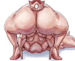 1girl anus anus_peek ass ass_focus breasts breasts_out crown elbow_gloves female_focus gloves high_heels highres huge_ass large_breasts legs_apart long_hair looking_at_viewer looking_back mario_(series) mario_kart mario_kart_8 metal_skin naked_gloves nintendo nude nude_female_solo pink_gold_peach presenting presenting_anus presenting_pussy princess_peach pussy pussy_peek pussy_visible simple_background starveil_(artist) super_smash_bros. thick_thighs thighs white_background