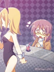 +_+ 2girls :d animal_ears black_leotard blonde_hair breasts brown_eyes brown_hair checkered_background cowboy_shot cup fake_animal_ears hair_between_eyes highres leotard long_sleeves looking_at_another medium_breasts multiple_girls murosaki_miyo nm_shirasu onii-chan_wa_oshimai! open_mouth original playboy_bunny smile twitter_username wrist_cuffs