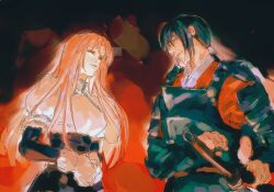 Rule 34 | 1boy, 1girl, armor, ashashio, black armor, black hair, cousins, dress, evil smile, eye contact, frilled sleeves, frills, hair tie, highres, holding, holding sword, holding weapon, japanese armor, japanese clothes, katana, kimono, long hair, looking at another, ootori kanae (soukou akki muramasa), ootori shishiku, pink hair, ponytail, red background, red eyes, red kimono, samurai, smile, soukou akki muramasa, sword, weapon, white dress