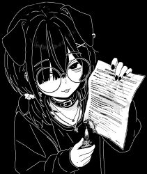 Rule 34 | 1girl, animal collar, animal ears, burning, burning paper, chain, chain necklace, collar, cross, cross necklace, dog ears, hair over one eye, highres, holding, holding lighter, holding paper, hood, hood down, hoodie, jewelry, job application form (meme), lighter, looking at viewer, meme, mole, mole under eye, monochrome, necklace, original, paper, puriririririri, round eyewear, sleeves past wrists, solo, tongue, tongue out