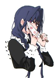 Rule 34 | 1girl, anco (platanity), black dress, black hair, black nails, blue eyes, braid, dress, hair intakes, heart, heart-shaped pupils, highres, holding, holding knife, hololive, hololive english, kitchen knife, knife, lipstick mark, long hair, low twin braids, official alternate costume, official alternate hairstyle, ouro kronii, ouro kronii (maid), simple background, solo, symbol-shaped pupils, twin braids, virtual youtuber, white background