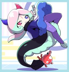 Rule 34 | 1girl, 1other, :&gt;, aqua hair, arms behind back, bemani, blue eyes, blush stickers, chain, dress, elem (pop&#039;n music), fang, flask-kun (pop&#039;n music), full body, heterochromia, horns, looking at viewer, monster girl, multicolored hair, no pupils, nollety, pantyhose, pink hair, pop&#039;n music, purple dress, purple pantyhose, red eyes, solo focus, tail, third eye, two-tone hair