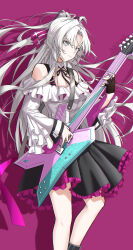 1girl absurdres ahoge bare_shoulders black_gloves black_ribbon black_skirt bow carlotta_(wuthering_waves) chinese_commentary commentary cowboy_shot english_commentary fingerless_gloves gloves guitar hair_bow hair_ribbon highres holding holding_guitar holding_instrument instrument long_hair mixed-language_commentary multilingual_commentary nail_polish official_alternate_costume parted_bangs pink_background pink_bow pink_nails rena_(rena_emc2) ribbon shirt single_fingerless_glove skirt solo very_long_hair white_hair white_shirt wuthering_waves