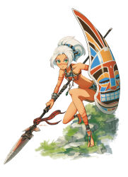 1girl asterisk_kome barefoot bodypaint bracelet breasts facepaint feet female_focus green_eyes hair_ribbon highres holding holding_spear holding_weapon jewelry necklace original polearm ponytail ribbon serious shield small_breasts solo spear toes tribal weapon white_hair