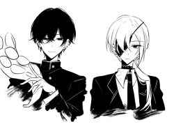 1boy 1girl business_suit chainsaw_man chinese_commentary closed_mouth collared_shirt ear_piercing earrings expressionless eyepatch formal_clothes hair_between_eyes head_tilt highres jewelry light_smile long_hair long_sleeves looking_at_viewer looking_to_the_side low_ponytail mole mole_under_mouth monochrome necktie piercing ponytail quanxi_(chainsaw_man) school_uniform shade shirt short_hair suit tentacles white_background xixixijiangjiangjiang yoshida_hirofumi