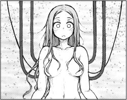 1girl breasts commentary_request greyscale hair_censor long_hair medium_breasts monochrome navel nude original solo takeomi_(shitamatsuge) tube upper_body