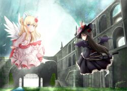 Rule 34 | 2girls, angel wings, animal ears, arms behind back, artist name, bat wings, black dress, black hat, black wings, blonde hair, blue eyes, cat ears, cat girl, cat tail, dress, emil chronicle online, flower, frilled dress, frills, from side, ghost girl, ghost tail, hair bun, hair flower, hair ornament, halo, hat, hat flower, highres, long hair, multiple girls, nekomata kuro, nekomata shiro, red eyes, red ribbon, ribbon, ruins, signature, skirt hold, tail, white dress, white wings, wings, yukuri