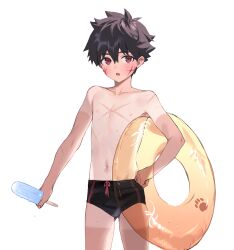 1boy :o absurdres black_male_swimwear brown_hair bulge collarbone commentary fang food hair_between_eyes hand_on_own_hip highres holding holding_food holding_popsicle innertube kiino_(keeeno_7th) male_focus male_swimwear navel open_mouth original paw_print popsicle red_eyes scar scar_on_arm scar_on_chest short_hair shota simple_background solo sweat swim_ring tan tanline topless_male white_background