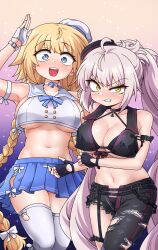 2girls absurdres ahoge anchor_choker asymmetrical_clothes asymmetrical_pants black_choker black_gloves black_hat blonde_hair blue_eyes blue_skirt boot_straps braid breasts choker crop_top devil_yanghyeok fate/grand_order fate_(series) fingerless_gloves gloves grey_hair hat highres jeanne_d&#039;arc_(fate) jeanne_d&#039;arc_(mystery_treasure)_(fate) jeanne_d&#039;arc_(swimsuit_archer)_(fate) jeanne_d&#039;arc_alter_(fate) jeanne_d&#039;arc_alter_(mystery_treasure)_(fate) jeanne_d&#039;arc_alter_(swimsuit_berserker)_(fate) large_breasts long_hair looking_at_viewer low_twin_braids midriff mini_hat miniskirt multiple_girls navel official_alternate_costume pleated_skirt ponytail single_pantsleg skirt thighhighs twin_braids underboob very_long_hair white_choker white_gloves white_hat white_thighhighs yellow_eyes