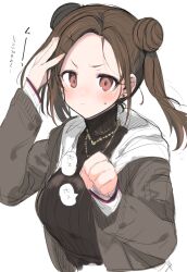 Rule 34 | 1girl, black sweater, blush, breasts, brown eyes, brown hair, brown jacket, closed mouth, commentary request, double bun, hair bun, hair ornament, hands up, idolmaster, idolmaster shiny colors, jacket, large breasts, long hair, long sleeves, looking at viewer, open clothes, open jacket, parted bangs, red eyes, ribbed sweater, shotan, simple background, solo, sonoda chiyoko, sweat, sweater, turtleneck, turtleneck sweater, twintails, white background, x hair ornament