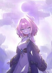 1girl absurdres blue_eyes breasts coat crescent_moon cyrene_(honkai:_star_rail) dress hair_ornament hashtag-only_commentary highres honkai:_star_rail honkai_(series) jewelry looking_at_viewer medium_hair moon multicolored_hair necklace neneneneko outdoors pink_hair purple_coat solo two-tone_hair white_dress white_hair