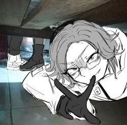1girl 2boys aotsuki_eito black_gloves glasses gloves grey_eyes grey_hair high_heels highres kirifuji_nozomi long_sleeves looking_at_viewer lying male_focus multiple_boys photo_background standing sumino_takumi the_hundred_line_-last_defense_academy- under_bed