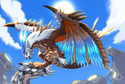 ancient_ruins capcom claws cloudscape columns creature day dragon fanart_digital fantasy feathered_wings feathers glowing_horns horns hovering looking_down midair monster_hunter_(series) open_mouth outdoors sky source sun toridcless wings