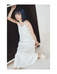 Rule 34 | 1girl, blue hair, brown eyes, dress, flat chest, japanese (nationality), kobayashi aika, lipstick, looking at viewer, makeup, photo (medium), real life, short hair, voice actor, white dress