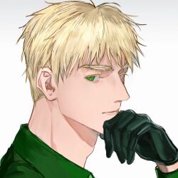 1boy axis_powers_hetalia blonde_hair gloves green_eyes highres looking_at_viewer male_focus portrait short_hair simple_background solo thick_eyebrows united_kingdom_(hetalia) wanlaijuji132 white_background