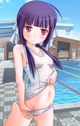 10s 1girl ahoge blush breasts clothes_pull female_focus groin hair_ribbon highres kinoshita_ringo_(no-rin) looking_at_viewer midriff navel nipples no-rin one-piece_swimsuit_pull pink_eyes pool purple_hair ribbon rokushaku_neko school_swimsuit school_swimsuit_flap see-through_clothes small_breasts solo swimsuit twintails undressing