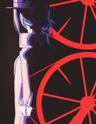 1girl black_background boater_hat coat facing_away from_behind grey_hair hair_bun hat highres ling_(chaaaaanhikari) purple_coat purple_hat reverse:1999 short_hair sidelighting single_side_bun solo spinning_wheel upper_body vertin_(reverse:1999)