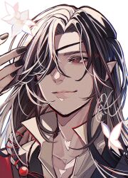 1boy absurdres bishounen black_hair black_nails braid bug butterfly chinese_clothes closed_mouth collarbone eyelashes eyepatch flower hair_over_one_eye hand_up hanfu highres hua_cheng insect long_hair male_focus nail_polish one_eye_covered pointy_ears portrait red_eyes red_hanfu side_braid signature simple_background single_braid smile solo tianguan_cifu tsubame-shi_(tubame) upper_body white_background white_butterfly white_flower