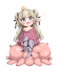 +++ 1girl black_eyes blonde_hair commentary fang full_body grey_thighhighs highres loli long_hair looking_at_viewer no_shoes open_mouth original panties pantyshot red_sweater simple_background single_bare_shoulder sitting skin_fang sleeves_past_wrists smile solo strap_slip striped_clothes striped_panties sweater symbol-only_commentary tamase_tama thighhighs two_side_up underwear white_background