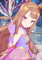 1girl animal_ears blush breasts brown_hair detached_sleeves hair_between_eyes hair_ornament highres horse_ears horse_girl kan_lee long_hair looking_at_viewer magic night official_alternate_costume purple_eyes small_breasts smile solo sweep_tosho_(realize_rune)_(umamusume) sweep_tosho_(umamusume) tiara umamusume