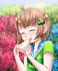 1girl ahoge banana blue_collar blue_flowers blush bread brown_hair bush child closed_eyes closed_mouth collar collared_shirt eating flower food food_on_face freckles fruit grass green_hair_ornament green_shirt hair_ornament indie_virtual_youtuber lily_hopkins nature pepper_fyves red_flower sandwich shirt star_fruit strawberry striped_clothes striped_shirt sunlight upper_body virtual_youtuber war