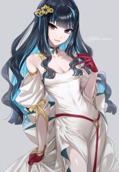 1girl absurdres bare_shoulders black_hair blue_hair bracelet breasts colored_inner_hair dress fate/grand_order fate_(series) gloves grey_eyes highres jewelry long_hair looking_at_viewer multicolored_hair muneomon_(takomon) red_gloves sidelocks small_breasts smile solo tenochtitlan_(fate) thighs white_dress