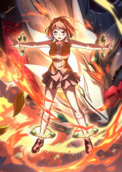 Rule 34 | 1girl, bare arms, breasts, brown eyes, brown shoes, full body, grey skirt, kneehighs, loafers, looking at viewer, medium breasts, miniskirt, my-hime, open mouth, orange hair, orange vest, outstretched arms, pleated skirt, shoes, short hair, signature, skirt, socks, solo, straight hair, tokiha mai, v-shaped eyebrows, vest, werkbau, white socks, wing collar