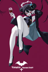1girl absurdres bare_legs black_dress black_hair black_jacket black_nails black_shoes blood blood_in_mouth blue_archive breasts colored_skin cup double_bun dress drinking_glass eyeshadow fingernails floating_hair full_body grey_skin hair_bun halo high_heels highres holding holding_cup jacket kisaki_(blue_archive) long_hair long_sleeves makeup momobug22 open_clothes open_jacket open_mouth pelvic_curtain red_background red_eyes red_eyeshadow sharp_fingernails shoes solo very_long_hair wine_glass