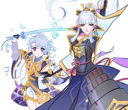 Rule 34 | 1boy, 1girl, arm up, armor, ayaka (genshin impact), bad id, bad twitter id, black gloves, black vest, blue eyes, blue hair, blue hakama, blue jacket, blunt bangs, blunt tresses, bracer, breastplate, bubble, buttons, cape, chocofish, choker, closed mouth, collared jacket, commentary, cowboy shot, elbow gloves, english commentary, eyelashes, floating hair, floral print, flower knot, genshin impact, gloves, hair floating upwards, hair ribbon, hakama, hakama skirt, hand on own hip, happy, height difference, highres, holding, holding sword, holding weapon, jacket, japanese armor, japanese clothes, kamisato ayato, kimono, kusazuri, lapels, lipstick, long sleeves, makeup, mole, mole under eye, neck tassel, notched lapels, open clothes, open jacket, parted bangs, pink ribbon, purple cape, red lips, ribbon, ribbon-trimmed sleeves, ribbon trim, short hair, shorts, sidelocks, simple background, skirt, smile, swept bangs, sword, tassel, vest, waist ribbon, weapon, white background, white jacket, white kimono, white shorts, wide sleeves, yellow choker, yellow ribbon