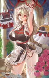 1girl absurdres alexandrina_sebastiane anastella_(zenless_zone_zero) apron arms_up artist_name artist_request bangboo_(zenless_zone_zero) black_dress black_gloves breasts dress drusilla_(zenless_zone_zero) flower gloves grey_hair hair_between_eyes hands_up highres large_breasts long_hair looking_at_viewer maid maid_headdress open_mouth red_eyes red_flower red_rose rose screw_hair_ornament solo very_long_hair zenless_zone_zero