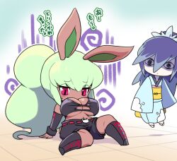 2girls animal_ears arm_support black_eyes blue_hair boots breasts bunny_mint cleavage detached_sleeves floating fubukihime green_hair high_ponytail japanese_clothes kimono large_breasts long_hair midriff multicolored_hair multiple_girls navel nollety pink_eyes ponytail purple_hair rabbit_ears rabbit_girl rabbit_tail sandals shorts sitting sleeves_past_fingers sleeves_past_wrists tail traditional_youkai translation_request two-tone_hair youkai_(youkai_watch) youkai_watch youkai_watch_3 yuki_onna