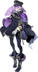 1boy armor black_pants boots coat eyes_visible_through_hair full_body gloves hat highres japanese_armor katana kukicha male_focus military_hat minamoto_kiyomaro official_art pants purple_eyes purple_hair sheath sheathed shoulder_armor smile sode sword tassel touken_ranbu transparent_background weapon white_gloves