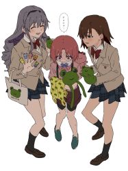 3girls @_@ ^_^ astral_buddy bag bike_shorts black_legwear blazer blue_footwear blue_hair blush bow bowtie breasts brown_eyes brown_footwear brown_hair brown_shorts checkered_clothes checkered_skirt closed_eyes collared_shirt commentary_request drill_hair full_body gekota hairband hand_puppet highres hokaze_junko iizumi_rita invisible_floor jacket loafers long_hair long_sleeves mask medium_breasts merchandise miniskirt misaka_mikoto mouth_mask multiple_girls no_socks open_mouth parted_bangs pink_eyes pink_hair pink_shirt plaid_clothes plaid_skirt pleated_skirt puppet red_neckwear school_uniform shirt shoes short_hair short_sleeves shorts simple_background skirt small_breasts smile socks speech_bubble standing stuffed_toy surgical_mask suspender_shorts suspenders sweat tearing_up teruya_(6w6y) toaru_kagaku_no_railgun toaru_kagaku_no_railgun_gaiden:_astral_buddy toaru_kagaku_no_railgun_t toaru_majutsu_no_index toaru_majutsu_no_index_gaiden:_toaru_kagaku_no_accelerator tokiwadai_school_uniform translated white_background white_shirt wing_collar