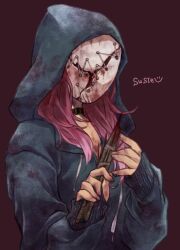 Rule 34 | 1girl, belt collar, blood, bloody knife, blue hoodie, collar, commentary request, dead by daylight, dirty, dirty clothes, english text, holding, holding knife, hood, hood up, hoodie, jun (junxjunx), knife, mask, pink hair, simple background, smiley face, solo, susie lavoie, the legion (dead by daylight), upper body