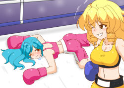 1boy 1girl ass blonde_hair blue_hair boxing boxing_gloves defeat humiliation laughing pink_shorts red_eyes shorts tagme user_ccdr4734 yellow_eyes